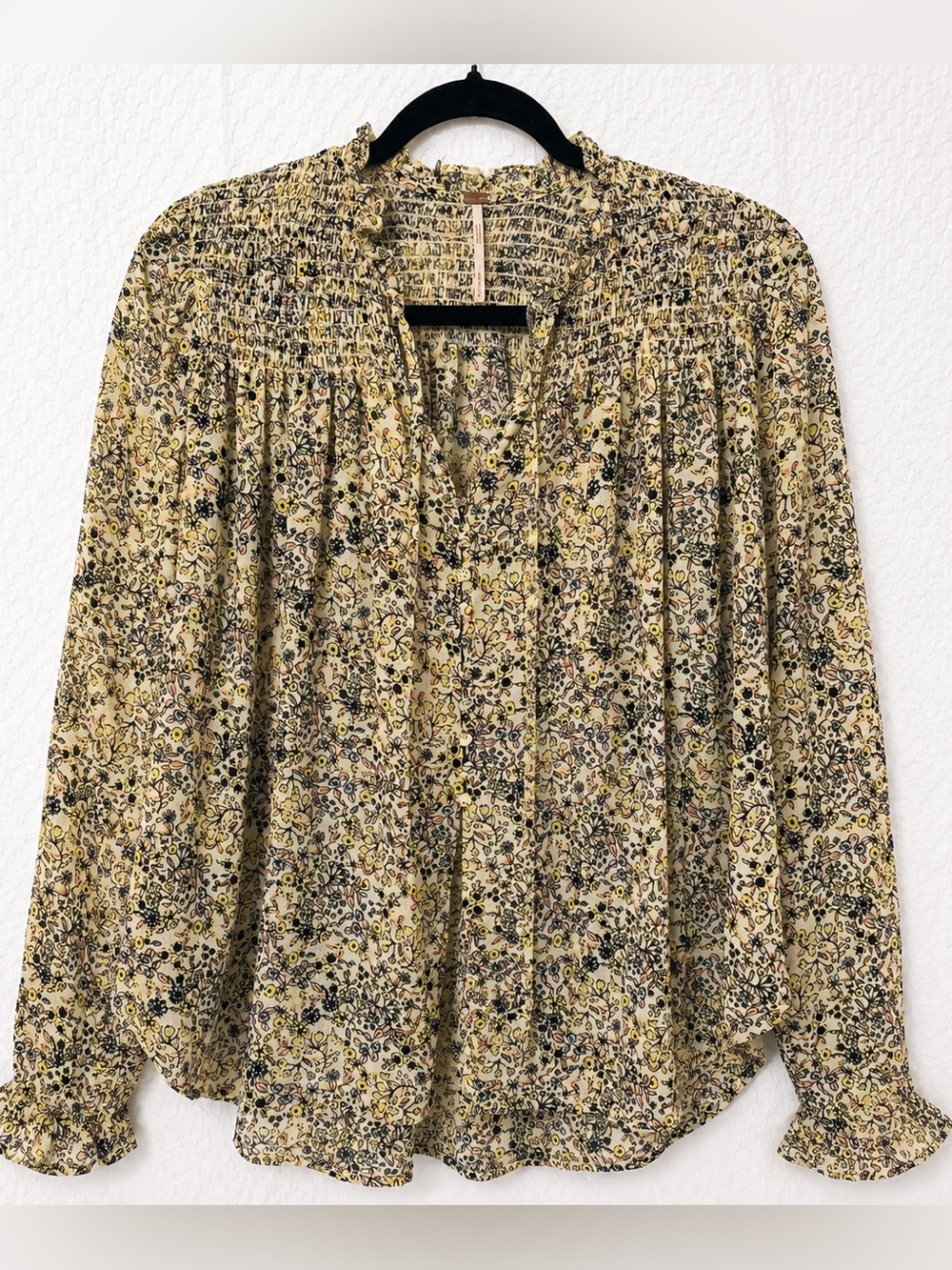 Free People Smocked Floral Peasant Blouse Boho Long Sleeve Top L